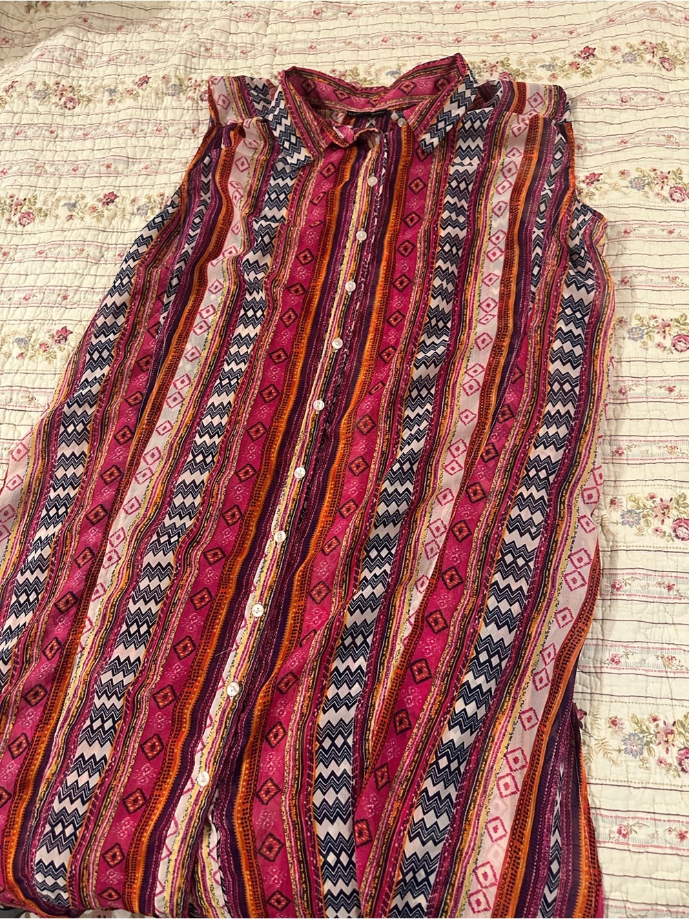 Plus Size Boho Tribal Aztec Festival Print Sleeveless Button Up Duster Tunic 3X